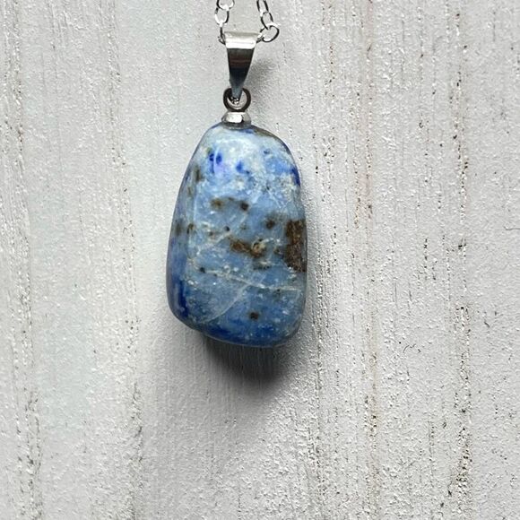 Denim Lapis Lazuli tumble pendant pyrite necklace silver plated blue gold - Picture 8 of 9